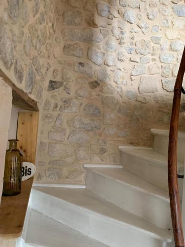 un escalier dans un mur en pierre dans l'établissement Charmante petite maison, à Saint-Vigor-le-Grand