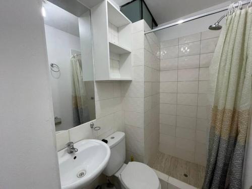 a white bathroom with a toilet and a sink at Big apartment near historical center in Arequipa