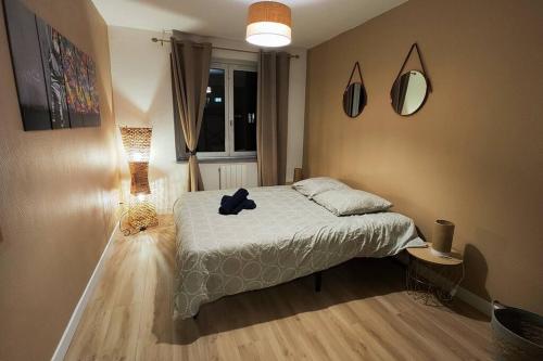 um quarto com uma cama com um urso de peluche em Banksy centre-ville, place de l'étoile em Estrasburgo