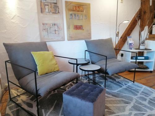 ein Wohnzimmer mit 2 Sofas und einem Stuhl in der Unterkunft Zentrale Wohlfühloase inkl Parkplatz - Zum blauen Schild in Konstanz
