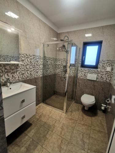 a bathroom with a shower and a toilet and a sink at Pensiunea Gaby in Cluj-Napoca