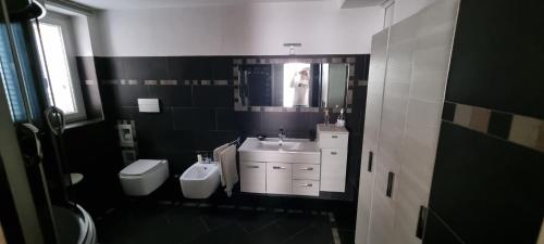 bagno con lavandino, servizi igienici e specchio di Ostello Stella Irpina a Teora