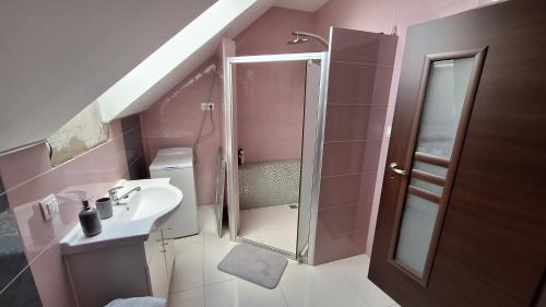 y baño de color rosa con lavabo y ducha. en Penzion Mivex, en Kráľová Lehota