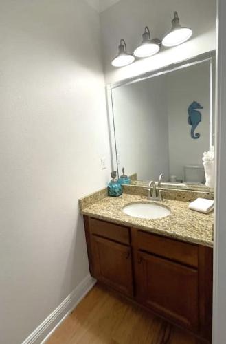 a bathroom with a sink and a large mirror at Grayling Beach House in Inlet Beach