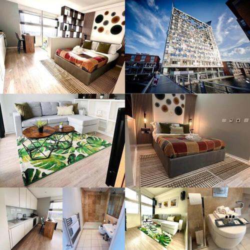 a collage of pictures of a hotel room at Luxury Studio Apartment The Cube Birmingham City Centre in Birmingham