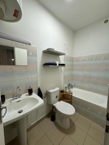 een badkamer met een toilet, een wastafel en een bad bij Le Zéphyr in Villeurbanne