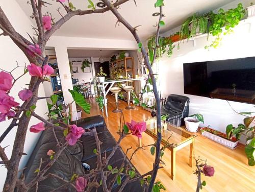uma sala de estar com uma mesa e uma árvore em Cosy and full of plants apartment em Arequipa