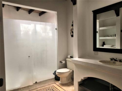 a bathroom with a toilet and a sink and a mirror at Typical villa , swimming pool, 300 Meters to Langosta Tamarindo beaches in Tamarindo