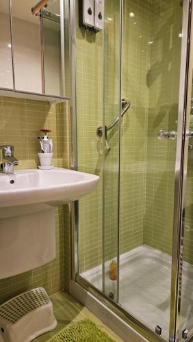 a bathroom with a glass shower and a sink at Apartamento Sabaris Playa in Baiona