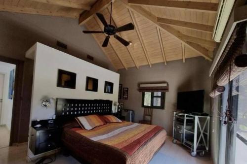 une chambre avec un lit et un ventilateur de plafond dans l'établissement Exclusiva Casa en Country Club de Pilar con piscina climatizada 1500m2, à Buenos Aires