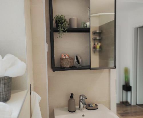 encimera con lavabo y espejo en Apartment M42 en Zagreb
