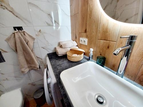 a bathroom with a sink and a toilet and a mirror at Kolory Warmii Apartament Niebieski in Olsztyn