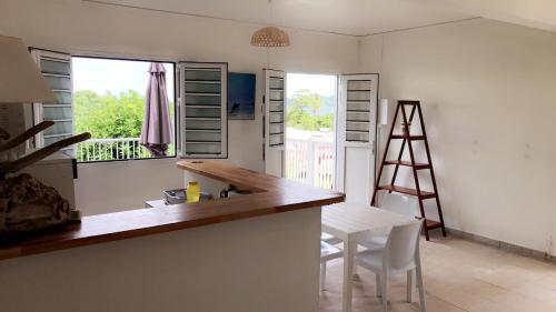 a kitchen with a counter and a ladder and a window at Appartement Topaze in La Trinité