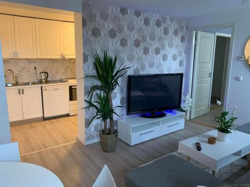 a living room with a flat screen tv and a kitchen at Leilighet i Hagavik 