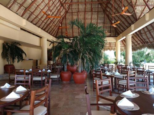 a restaurant with wooden tables and chairs and plants at IXTAPA Zihuatanejo Alegria y Familia in Ixtapa