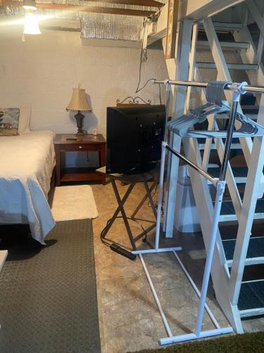 a room with a tv and a ladder and a bed at Entire space in Syracuse