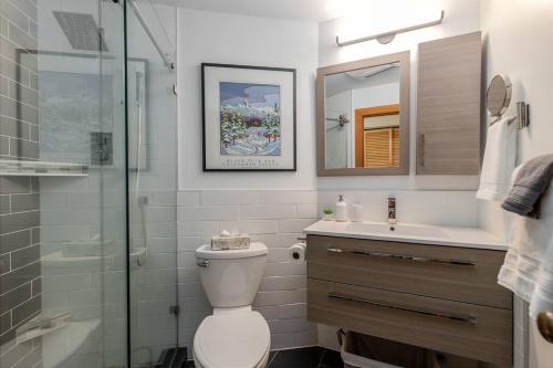 a bathroom with a toilet and a sink and a shower at Casa Creekside - Walk to Gondola, Shops, lakes! in Whistler