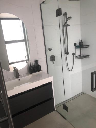 a bathroom with a shower and a sink and a mirror at Inniscort Retreat in Cromwell