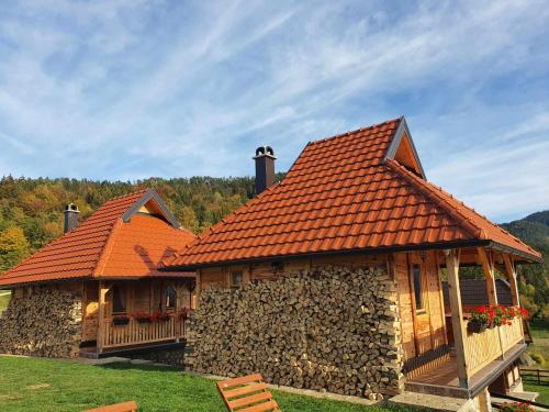 Zaovine的住宿－Draganovi Konaci，两个圆木房子,在田野上拥有橙色屋顶