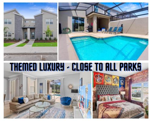 a collage of pictures of a house with a swimming pool at Gorgeous Condo Close to Disney w Private Pool BBQ - Themed Bedrooms Walk To Clubhouse in Kissimmee