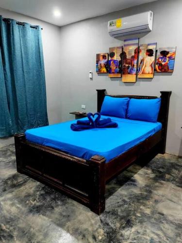 een slaapkamer met een bed met blauwe lakens en een ventilator bij Kame house. in Coronado