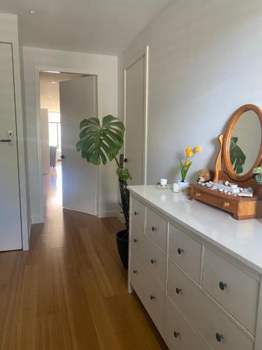 a room with a dresser with a mirror and a plant at Bonbeach Beauty in Bonbeach