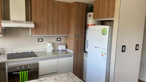 een keuken met een witte koelkast en houten kasten bij Departamento de Película in Mendoza