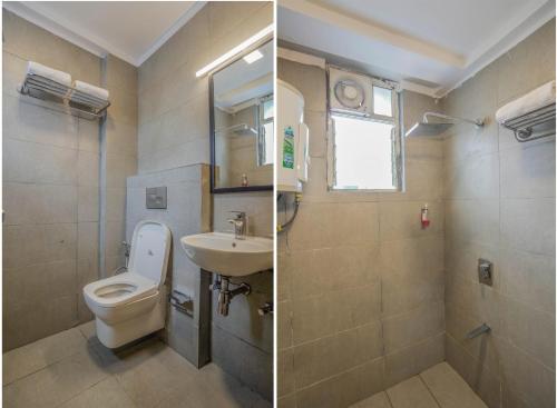 two pictures of a bathroom with a toilet and a sink at SoonStay Konark Inn in Indore