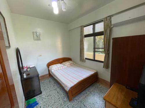 鹿谷的住宿－溪頭雅園民宿	 ，一间卧室设有一张床、一台电视和一个窗口。
