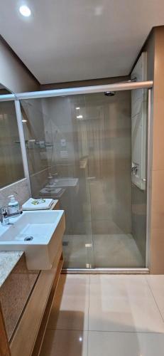 a bathroom with a glass shower and a sink at Flat confortável particular no Hotel Jade Park Sul Brasília-DF in Brasilia
