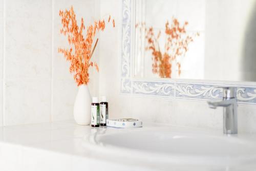 a bathroom with a white vase and a sink and a mirror at Villa Notos in Adamantas