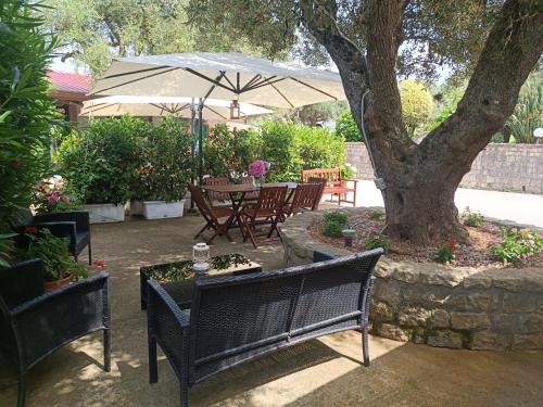 a patio with a table and chairs and an umbrella at Casa Vacanze Nino Petrelli in Naso