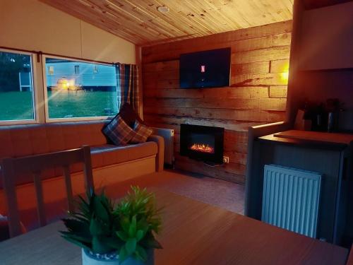 a living room with a couch and a fireplace at The Secret Wood in Swarland