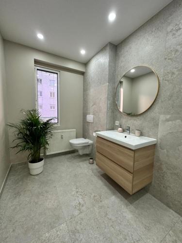 bagno con lavandino, servizi igienici e specchio di MIRABELLE Homes a Salisburgo