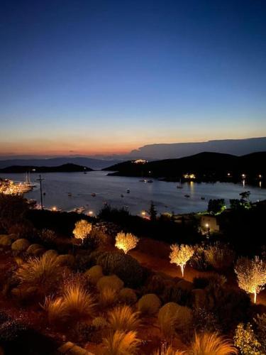 a view of a large body of water at night at Villa Faros Vourkari Kea with private pool and stunning views in Vourkarion