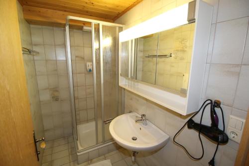 een badkamer met een wastafel en een douche met een spiegel bij Liftgasthof Appartements in Zauchensee