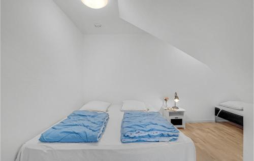 Dormitorio blanco con cama con almohadas azules en 3 Bedroom Amazing Apartment In Karrebksminde, en Karrebæksminde