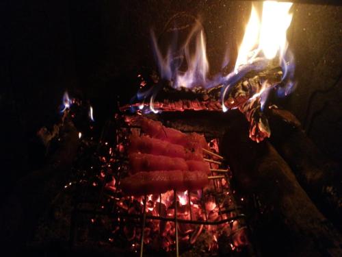 a fire in a oven with meat and flames at Casa Rural Aliberch in Muntanyola