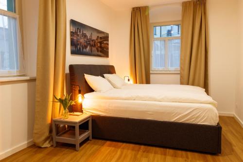 a bedroom with a bed and two windows at Apartmany Tachov Garden House in Tachov