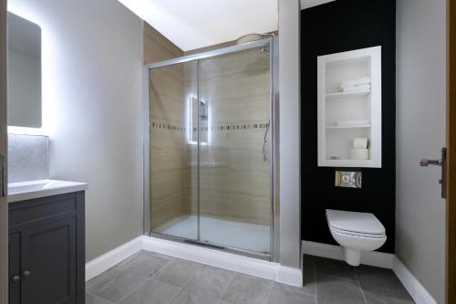 a bathroom with a shower with a toilet and a sink at The Stones Hotel in Salisbury