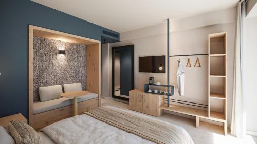 a bedroom with a bed and a desk and a tv at Cabot Pollensa Park Spa in Port de Pollensa
