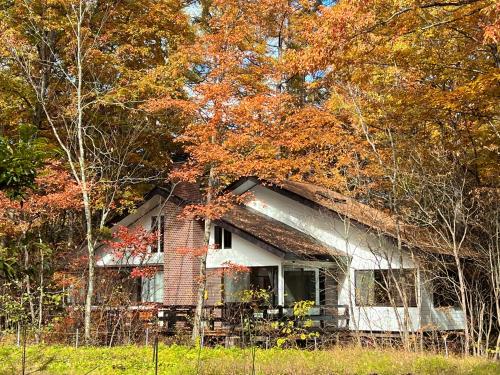 an old house in the woods with trees at 虹の街22 #Nature Escape BBQ in Kita-karuizawa