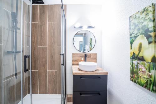 une salle de bain avec un lavabo et un miroir dans l'établissement Mi Casita - Charmant Apt près de la mer, à Argelès-sur-Mer