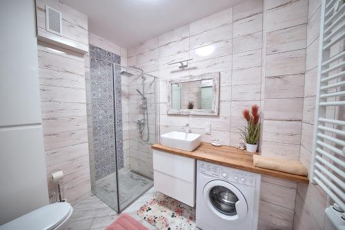 a bathroom with a washing machine and a sink at LAGUNA Apartament 22 Willa Leśna in Polanica-Zdrój