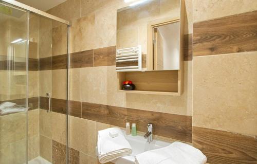 La salle de bains est pourvue d'une douche et d'un lavabo. dans l'établissement Résidence Sorbier by Leavetown Vacations, à Les Deux Alpes