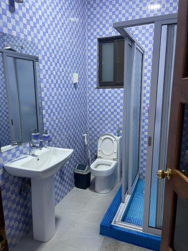 uma casa de banho em azulejos azuis com um lavatório e um WC em TD Guest House 8-Villa Sky em Chimoio