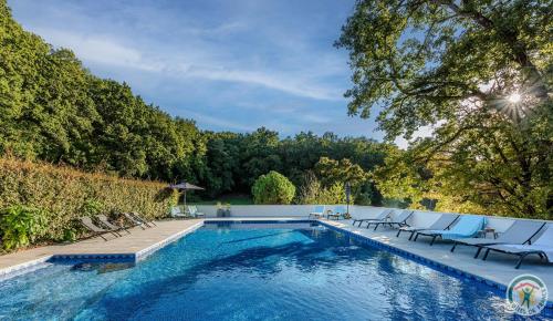 - une piscine avec des chaises longues bleues à côté d'une clôture dans l'établissement Gîtes Domaine des 4 Mas - LA HOWLITE - LE LARIMAR - L'AMAZONITE, à Sembas