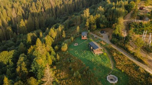 widok z powietrza na dom w środku lasu w obiekcie Mount hotel w Sławsku