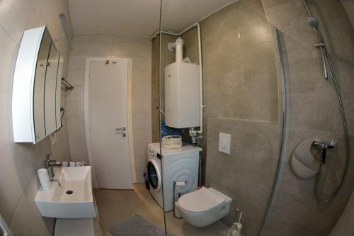a bathroom with a shower and a toilet and a sink at Apartman Blue moon in Velika Mlaka