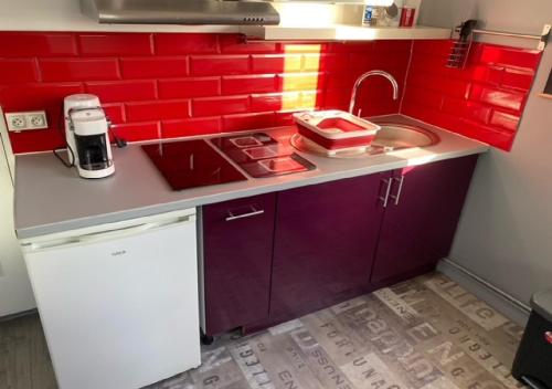 a small kitchen with a sink and red brick wall at Jolie studio 10min centre ville et 300m quai de seine WIFI in Rouen